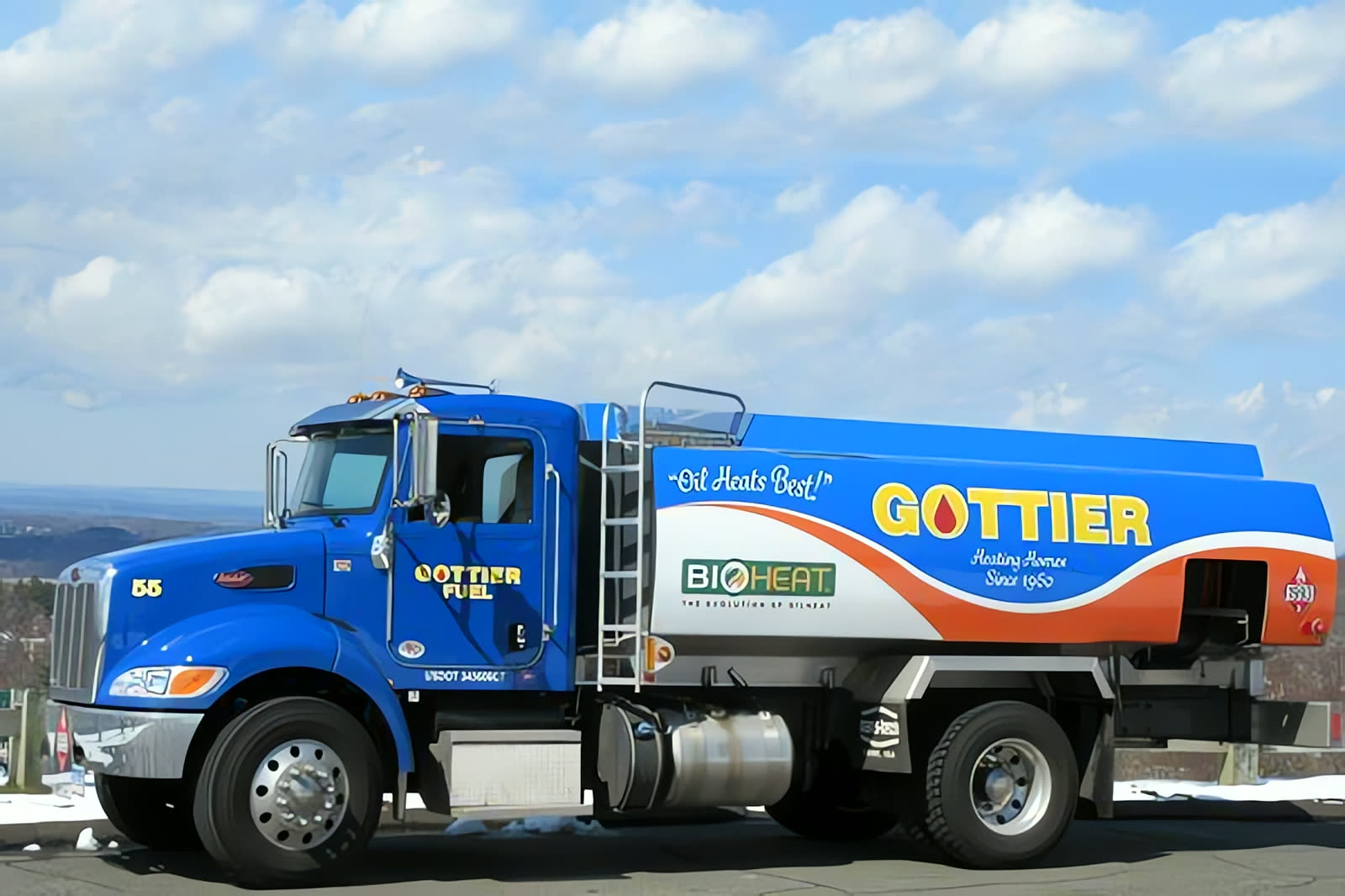 A present-day Gottier Fuel delivery truck with blue tank and orange lettering